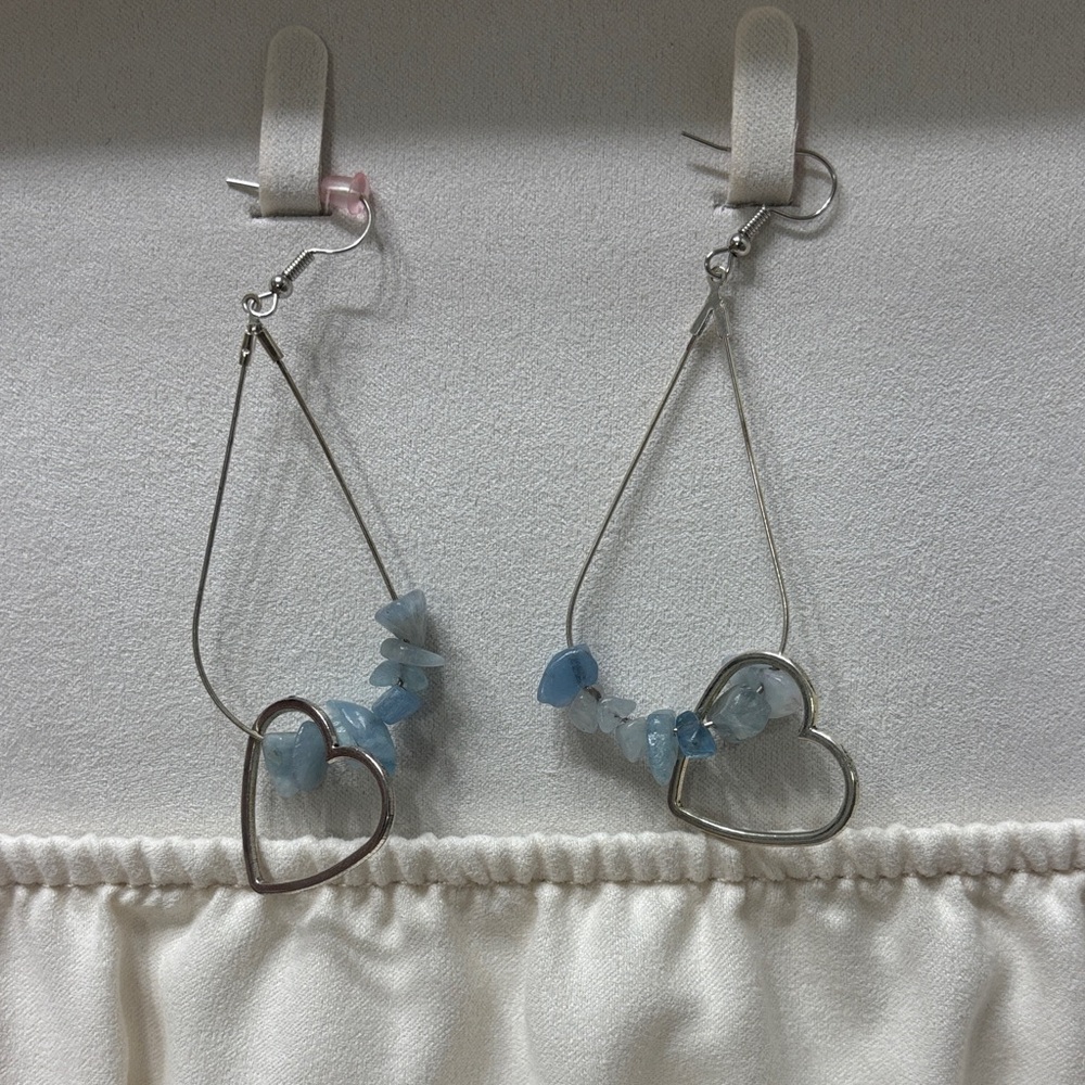 Silver Heart Drop Earrings with Blue Accents